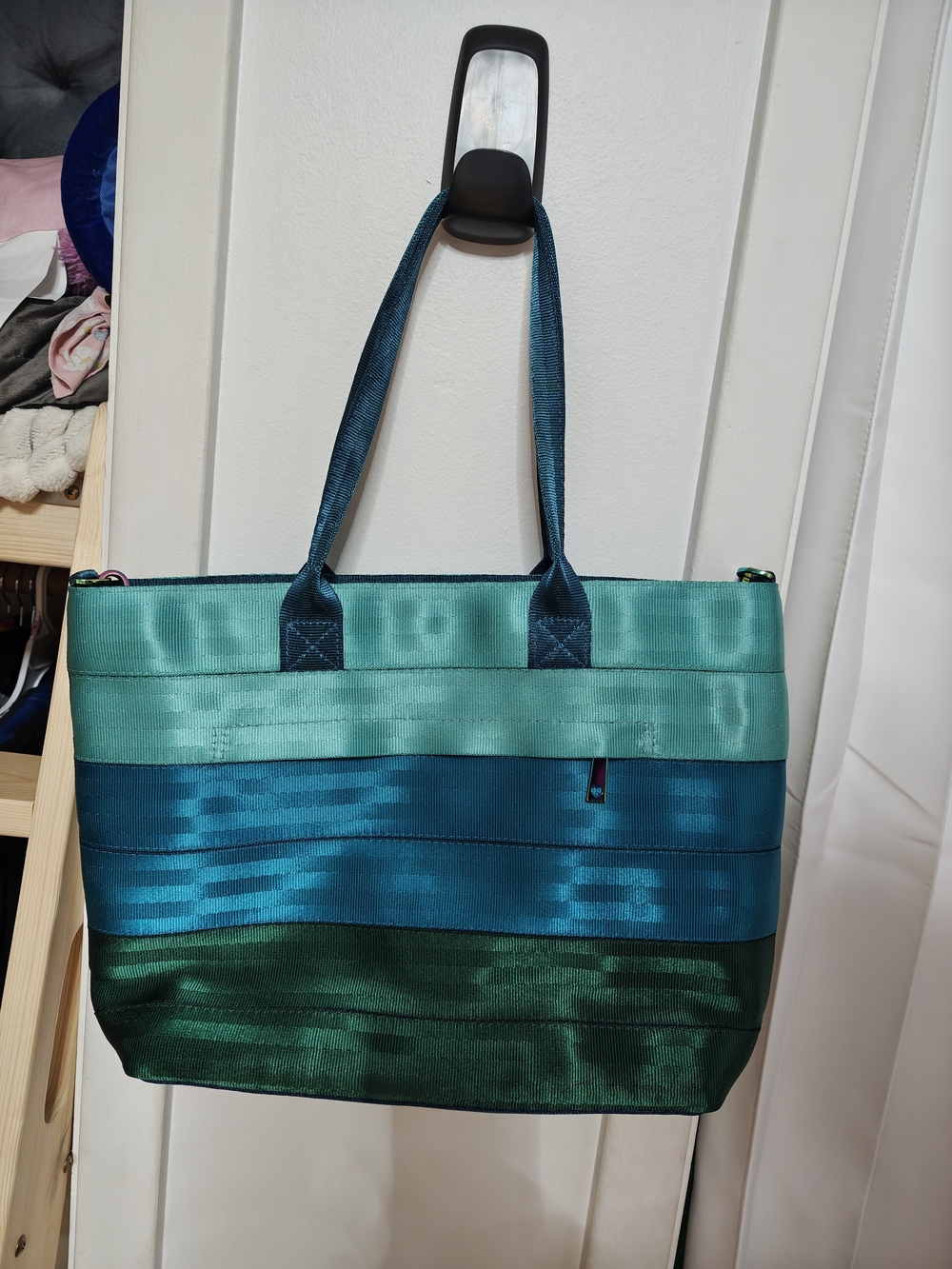 Harveys Peacock Teal, Aqua & Dark Green Striped Tote with Crossbody Strap - Picture 2 of 5